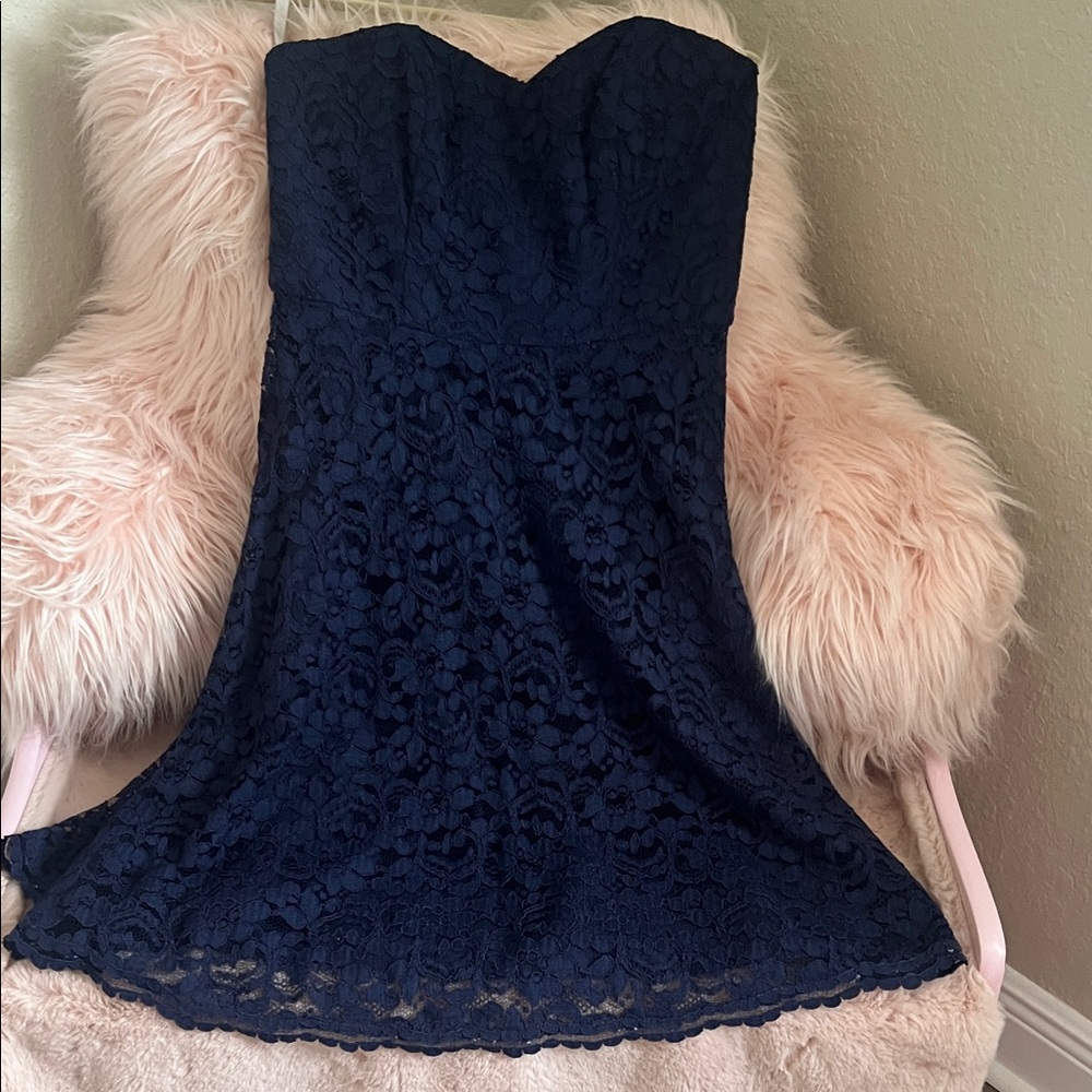 David's Bridal Strapless Navy Lace Dress